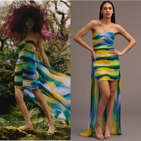 Anthropologie Vineet Bahl Watercolor Mini Dress w sheer Train Cocktail Party M/L - Picture 2 of 12